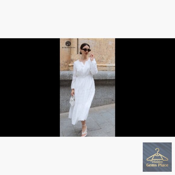 Long Sleeve V-Neck Tiered Cotton Maxi Dress with Pockets - Picture 7 of 7